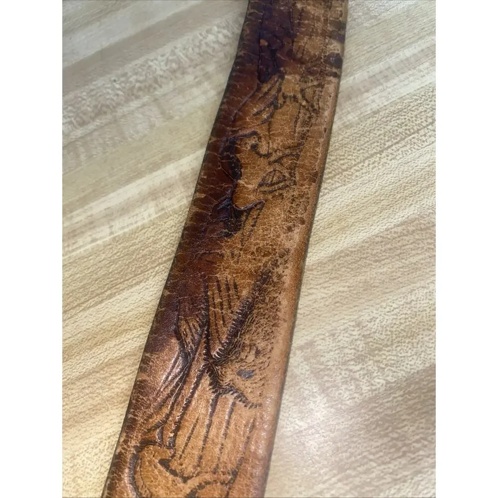 Vintage Western Hand Tooled Brown Leather Strap Horse Scene Belt Sz 36 Cowboy